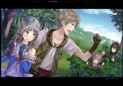  2boys 2girls ^_^ alternate_costume angry atelier_(series) atelier_totori blush brown_hair bush closed_eyes gino_knab gloves kishida_mel multiple_boys multiple_girls official_art outdoors pointing rororina_fryxell shirt short_hair smile sterkenburg_cranach sweat totooria_helmold tree vest 