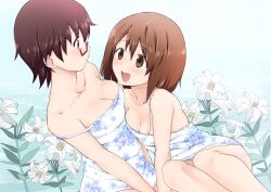  2girls :d bare_shoulders blush breasts brown_eyes brown_hair cleavage collarbone commentary_request dress ekra floral_print flower glasses hirasawa_yui k-on! looking_at_another manabe_nodoka medium_breasts multiple_girls open_mouth round_teeth short_hair smile strap_slip teeth 