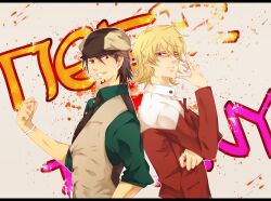  2boys bad_id bad_pixiv_id barnaby_brooks_jr. blonde_hair brown_eyes brown_hair cabbie_hat facial_hair glasses green_eyes hat highres jacket kaburagi_t._kotetsu letterboxed makina_(nikki_m7_) multiple_boys necktie painttool_sai_(medium) red_jacket stubble tiger_&amp;_bunny vest waistcoat 