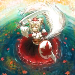  animal_ears autumn_leaves commentary_request female furorida hat inubashiri_momiji pom_pom_(clothes) shield short_hair solo sword tokin_hat touhou wading water weapon white_hair wolf_ears yellow_eyes 