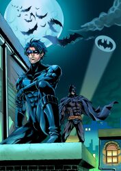  2boys bat bat_signal batman batman_(series) belt black_hair bruce_wayne building cape city dc_comics dick_grayson domino_mask family father father_and_son male male_focus mask multiple_boys muscle nightwing outdoors son superhero tamaplus_ 