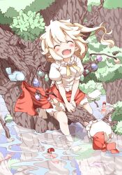  :d alternate_wings bird blonde_hair bloomers blush branch closed_eyes commentary_request female fish flandre_scarlet happy hat highres in_tree long_hair oerba_yun_fang open_mouth photoshop_(medium) shoes shunsuke side_ponytail sitting sitting_in_tree smile soaking_feet solo touhou tree underwear unworn_hat unworn_headwear unworn_shoes water wings 