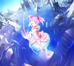  arrow_(projectile) blue_sky bow bow_(weapon) bubble_skirt choker commentary_request day drawing_bow female flood gloves glowing glowing_weapon hairbow holding holding_arrow holding_bow_(weapon) holding_weapon jewelry kaname_madoka kaname_madoka_(magical_girl) kyokucho looking_at_viewer magical_girl mahou_shoujo_madoka_magica mahou_shoujo_madoka_magica_(anime) outstretched_arm panties partially_immersed pendant petticoat pink_eyes pink_hair pink_skirt puffy_sleeves ruins short_hair short_sleeves short_twintails skirt sky solo twintails underwear water weapon white_gloves 