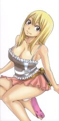  absurdres belt blonde_hair breasts brown_eyes cleavage cleavage fairy_tail female female frills highres large_breasts lucy_heartfilia mashima_hiro miniskirt official_art sandals shirt skirt thighs 