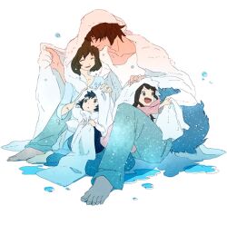  2boys 2girls ame_(ookami_kodomo) barefoot black_hair brown_hair closed_eyes commentary_request en_(enxxx) family father_and_daughter father_and_son hana_(ookami_kodomo) long_hair mother_and_daughter mother_and_son multiple_boys multiple_girls ookami_kodomo_no_ame_to_yuki ookami_otoko short_hair smile tail towel wet yuki_(ookami_kodomo) 