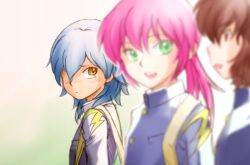  3boys bad_id bad_pixiv_id blue_hair blurry brown_hair depth_of_field ebi-rom green_eyes hair_over_one_eye inazuma_eleven_(series) inazuma_eleven_go kariya_masaki kirino_ranmaru male_focus multiple_boys pink_hair profile shindou_takuto upper_body yellow_eyes 