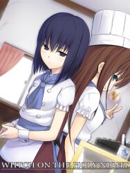  2girls aozaki_aoko apron aqua_eyes back-to-back black_eyes blue_hair bob_cut brown_hair cash_register chef chef_hat commentary_request copyright_name cup curtains dutch_angle english_text engrish_text expressionless grin hat kuonji_alice level.21 long_hair looking_back mahou_tsukai_no_yoru multiple_girls neckerchief ranguage short_hair smile toque_blanche v window wrist_cuffs 