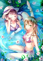  2girls anklet bad_id bad_pixiv_id bare_legs barefoot bikini blonde_hair braid feet food food-themed_hair_ornament fruit green_eyes hair_ornament hairclip hat highres jewelry long_hair multiple_girls necklace nekozuki_yuki one_eye_closed original partially_submerged pink_eyes pink_hair polka_dot polka_dot_bikini polka_dot_swimsuit short_hair side-tie_bikini_bottom sitting smile sun_hat swimsuit wariza watermelon watermelon_hair_ornament 