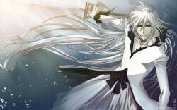  1boy artist_request bankai bleach colored_skin highres hollow_(bleach) hollow_ichigo japanese_clothes kimono kurosaki_ichigo long_hair male_focus photoshop_(medium) sword tensa_zangetsu_(bankai) underwater water weapon white_hair white_kimono white_skin yellow_eyes zangetsu_(bleach) 