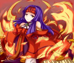  bare_shoulders commentary_request detached_sleeves female fire fire_emblem fire_emblem:_path_of_radiance fire_emblem:_radiant_dawn headband ken_(kenta1922) long_hair purple_hair robe sanaki_kirsch_altina solo yellow_eyes 