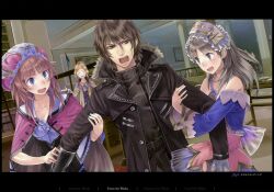  1boy 3girls :o arm_grab atelier_(series) atelier_totori blonde_hair blue_eyes brown_eyes brown_hair cape coat cuderia_von_feuerbach kishida_mel long_hair multiple_girls official_art pink_cape rororina_fryxell sterkenburg_cranach sweat totooria_helmold 