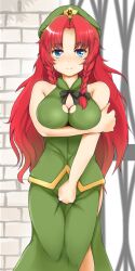  bad_id bad_pixiv_id bare_arms bare_shoulders blue_eyes blush bow braid breast_hold breasts cleavage cleavage_cutout clothing_cutout covering_crotch covering_privates female gate ginji74 hair_ribbon hat have_to_pee highres hong_meiling large_breasts long_hair looking_at_viewer red_hair ribbon shirt side_slit skirt skirt_set smile solo star_(symbol) sweat touhou twin_braids very_long_hair wall 