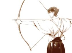  1boy amore1989 bad_id bad_pixiv_id bow_(weapon) brown_theme emiya_kiritsugu fate/zero fate_(series) japanese_clothes kimono male_focus monochrome sepia solo weapon yumi_(bow) 