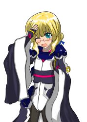  absurdres adele_balfetto black_legwear blonde_hair blue_eyes bodysuit female female fingerless_gloves glasses gloves highres kyoukai_senjou_no_horizon kyoukaisenjou_no_horizon solo 