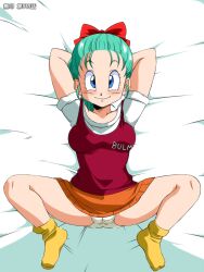  blue_eyes blush bulma_briefs dragon_ball green_hair looking_at_viewer old_school_academy panties skirt smile socks solo spread_legs underwear 