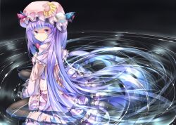  capelet commentary_request crescent crescent_hat_ornament female hat hat_ornament long_hair long_sleeves partially_submerged patchouli_knowledge purple_eyes purple_hair ripples sitting solo sugiyuu touhou very_long_hair water wide_sleeves 