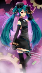  commentary_request elbow_gloves female gears gloves green_hair hat hatsune_miku headphones highres long_hair peaked_cap project_diva_(series) project_diva_f red_eyes sadistic_music_factory_(vocaloid) solo thighhighs twintails very_long_hair vocaloid yunare 