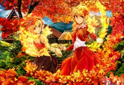  2girls absurdres aki_minoriko aki_shizuha autumn autumn_leaves blonde_hair blue_sky commentary_request food food-themed_clothes fruit grapes hair_ornament hat highres leaf leaf_hair_ornament leaf_on_head long_skirt long_sleeves looking_back multiple_girls outdoors parted_lips photoshop_(medium) poyan_noken red_eyes short_hair siblings sisters skirt skirt_set sky smile stairs touhou yellow_eyes 