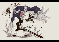  1other androgynous commentary_request crona_(soul_eater) gloves highres letterboxed ragnarok_(demon_sword) red_eyes red_hair shinnjugokko short_hair simple_background soul_eater sword weapon white_gloves x_x 