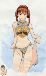  1boy armlet barefoot bikini braid braided_hair_rings brown_eyes brown_hair chibi chibi_inset concept_art crop_top dead_or_alive dead_or_alive_xtreme female grey_sarong hair_rings halterneck jann_lee lei_fang multicolored_sarong official_art print_sarong sarong smile swimsuit twin_braids undressing unworn_sarong 