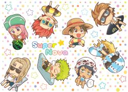  6+boys basil_hawkins black_hair blonde_hair brown_hair chair character_request chibi earrings eating eustass_captain_kid facial_hair fan female food fruit goatee goggles green_hair haramaki hat helmet innertube jewelry jewelry_bonney killer_(one_piece) kitami_(crotti) mask multiple_boys one_piece pink_hair polka_dot polka_dot_background polka_dot_shirt red_hair roronoa_zoro scar shirt sitting sleeping smile straw_hat striped_shorts sunglasses supernova surfboard sweat swim_trunks swimsuit swimwear tattoo trafalgar_law watermellon watermelon x_drake 