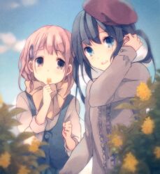  2girls bad_id bad_pixiv_id black_hair blonde_hair blue_eyes blush braid flower frills hair_ornament hairclip hand_in_own_hair hat long_hair multiple_girls neck_ribbon original ousaka_nozomi purple_eyes ribbon scarf sleeves_pushed_up smelling_flower twintails 