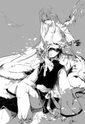  1boy amore1989 bad_id bad_pixiv_id centauroid chinese_clothes commentary_request couple emiya_kiritsugu fate/zero fate_(series) feathers female greyscale highres husband_and_wife irisviel_von_einzbern long_hair monochrome monster_girl photoshop_(medium) sphinx straight taur 