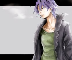  1boy bad_id bad_pixiv_id cigarette fur_trim garry_(ib) ib_(kouri) letterboxed male_focus mochi_mocchi purple_hair simple_background solo wavy_hair 