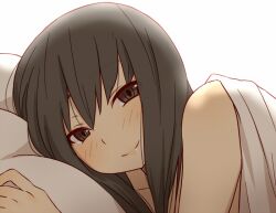  bad_id bad_pixiv_id bare_shoulders black_eyes black_hair blush collarbone commentary female implied_incest kiiroi_tamago looking_at_viewer lying on_bed on_side original pillow pov_across_bed smile solo under_covers 