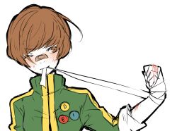  ai-wa bandages bandaid bandaid_on_face bandaid_on_nose brown_eyes brown_hair commentary female jacket one_eye_closed persona persona_4 satonaka_chie short_hair solo track_jacket 