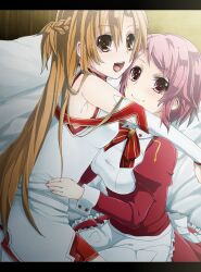  2girls apron armpits asuna_(sao) bad_id bad_link bad_nicoseiga_id bare_shoulders breasts brown_eyes brown_hair detached_sleeves hair_between_eyes highres hug keita_(tundereyuina) knights_of_blood_uniform_(sao) light_blush lisbeth_(sao) long_hair long_sleeves medium_breasts multiple_girls open_mouth pink_eyes pink_hair puffy_sleeves short_hair smile sword_art_online teeth white_sleeves 