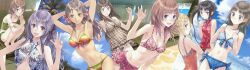  6+girls :d :t arched_back armpits arms_up atelier_(series) atelier_rorona atelier_totori bare_shoulders bikini bikini_skirt black_hair blonde_hair blue_bikini blue_eyes brown_hair casual_one-piece_swimsuit cecilia_helmold collage criss-cross_halter crossed_arms cuderia_von_feuerbach dark-skinned_female dark_skin filly_erhard flat_chest floral_print front-tie_top green_eyes hair_ornament hair_ribbon hairpin halterneck kishida_mel knees_to_chest long_hair looking_at_viewer mervia_siebel mimi_houllier_von_schwarzlang mole multicolored_bikini multicolored_clothes multicolored_stripes multiple_girls navel official_art one-piece_swimsuit open_mouth pamela_ibiss plaid plaid_swimsuit print_bikini purple_eyes purple_hair ribbon rororina_fryxell short_hair side-tie_bikini_bottom side_ponytail sitting smile striped sweatdrop swimsuit totooria_helmold tress_ribbon upper_body v 