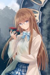  banned_artist blue_eyes bow brown_hair dress_shirt expressionless glasses ground_vehicle holding long_hair lowres plaid plaid_skirt pleated_skirt reum ribbon shirt skirt solo sword_girls toy train very_long_hair 