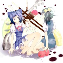  2girls ahoge bad_id bad_pixiv_id barefoot blue_eyes blue_hair bow cherry cirno daiyousei food fruit green_eyes green_hair hairbow highres ice_cream in_food lemon mini_person minigirl multiple_girls pocky puffy_sleeves short_hair short_sleeves side_ponytail sitting spoon sprinkles tongue touhou yoshida_yamao 