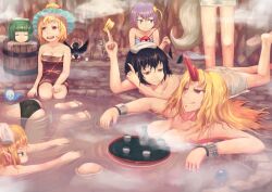  6+girls alcohol amekosame ass bare_shoulders barefoot bathing black_hair black_wings blonde_hair breasts brown_eyes bubble bucket choko_(cup) cleavage commentary_request cuffs cup curious detached_sleeves feet floating floating_breasts floating_tray green_eyes green_hair horns hoshiguma_yuugi in_bucket in_container in_water inubashiri_momiji kaenbyou_rin kisume komeiji_koishi komeiji_satori kurodani_yamame large_breasts long_hair lying mizuhashi_parsee multiple_girls naked_towel nude on_stomach onsen partially_submerged pink_hair pointy_ears red_eyes reiuji_utsuho sake same-sex_bathing shackles shameimaru_aya shared_bathing short_hair single_horn sitting skull smile soles standing steam tail third_eye toes tokkuri touhou towel towel_on_head tray water wings wolf_tail wooden_bucket 