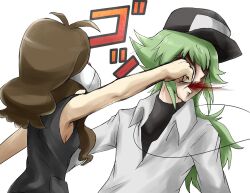  1boy blood brown_hair female from_behind green_hair hat n_(pokemon) pokemon pokemon_(game) pokemon_bw punch punching simple_background touko_(pokemon) turizao white_background 