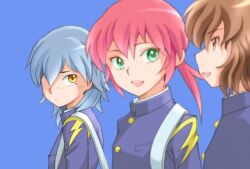  3boys blue_hair blurry brown_hair commentary_request depth_of_field ebi-rom green_eyes hair_over_one_eye inazuma_eleven_(series) inazuma_eleven_go kariya_masaki kirino_ranmaru male_focus multiple_boys pink_hair profile revision shindou_takuto simple_background upper_body yellow_eyes 