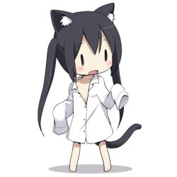  animal_ears barefoot black_eyes blush cat_ears cat_tail chibi commentary_request dress_shirt female full_body k-on! kohinata_sora long_hair lowres nakano_azusa naked_shirt open_mouth photoshop_(medium) shirt simple_background sleeves_past_wrists solo standing tail twintails white_background |_| 