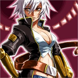  belt blazblue blazblue:_chronophantasma breasts bullet_(blazblue) cleavage commentary_request female large_breasts lowres navel oekaki pink_eyes purple_background short_hair solo white_hair zill_(lisalisa1983) 