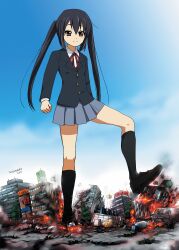  black_hair black_socks blush brown_eyes city cloud day destruction explosion female giant giantess highres k-on! long_hair nakano_azusa necktie sakuragaoka_high_school_uniform school_uniform skirt sky socks solo stomping torajimaneko twintails 