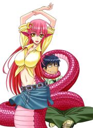  1boy arms_up belt black_hair breasts commentary_request cover_image female hair_ornament huge_breasts kurusu_kimihito lamia long_hair midriff miia_(monster_musume) monster_girl monster_musume_no_iru_nichijou navel official_art okayado photoshop_(medium) pointy_ears sleeves_rolled_up snake_bondage yellow_eyes 