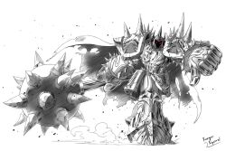  1boy armor cape commentary_request glowing glowing_eyes greyscale helmet korean_commentary league_of_legends mace male_focus monochrome mordekaiser no_pupils ranger_squirrel red_eyes signature solo spikes spot_color thumbs_down weapon 