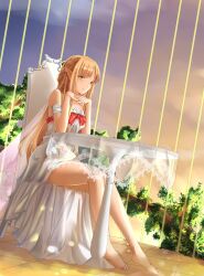  absurdres asuna_(sao) barefoot bow brown_eyes brown_hair chair commentary_request dress fairy fairy_wings female highres leenalink long_hair long_legs pointy_ears sitting solo sword_art_online table titania_(sao) transparent_wings very_long_hair wings 