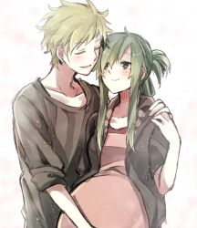  1boy aged_up bad_id bad_pixiv_id blonde_hair blush closed_eyes couple female good_end green_hair kagerou_project kano_shuuya kido_tsubomi long_hair mature_female mitsu_yomogi ponytail pregnant short_hair smile straight 