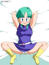  belt blue_eyes blush breasts bulma_briefs dragon_ball dress earrings green_hair jewelry looking_at_viewer old_school_academy panties smile socks solo spread_legs underwear 