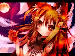  animal_ears bad_id bad_pixiv_id bell blush cloud daidai_ookami detached_sleeves evening female fox_ears full_moon hair_bell hair_ornament hair_ribbon highres kitsune letterboxed long_hair markings moon orange_hair original red_sky ribbon sky slit_pupils solo tatari_korou 