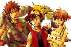  2boys ;) alternate_costume baseball_cap black_hair brock_(pokemon) brown_hair commentary_request cosplay female fingerless_gloves gloves hat kasumi_(pokemon) multiple_boys okome_oisii one_eye_closed onix open_mouth orange_hair paint.net_(medium) pikachu pokemon pokemon_(anime) pokemon_(creature) pokemon_rgby red_(pokemon) red_(pokemon)_(cosplay) satoshi_(pokemon) side_ponytail smile suspenders 