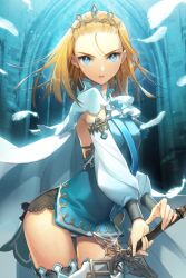  blonde_hair blue_eyes cape detached_sleeves feathers female holding lowres open_mouth panties photoshop_(medium) salt_(salty) short_hair solo sword sword_girls tiara underwear weapon 