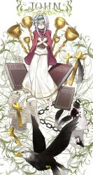  1boy barefoot bible_(object) black_wings book cape chalice christianity closed_eyes cross cup erubo feathers flower hair_ornament ink long_hair male_focus original otoko_no_ko paper smile solo staff white_hair wings yohane_bonaventura 