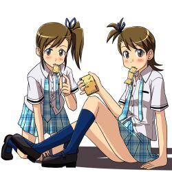  2girls all_fours arm_support brown_eyes brown_hair commentary_request condom condom_in_mouth condom_packet_strip condom_wrapper flipped_hair futami_ami futami_mami idolmaster idolmaster_(classic) lielos looking_at_viewer mouth_hold multiple_girls necktie plaid plaid_skirt rough_time_school_(idolmaster) school_uniform short_hair siblings side_ponytail sisters sitting skirt smile twins untied 